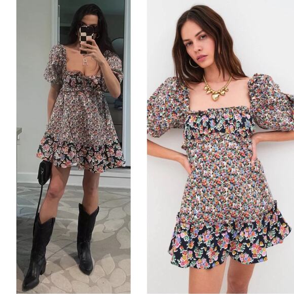 For Love & Lemons Hudson Floral Puff Sleeve Mini Dress Size XS - Picture 1 of 8